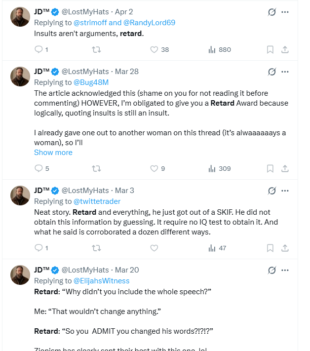 MegaChurchMouse's tweet photo. "retard" -- one of JD Hall's (@LostMyHats) favorite words in reference to others.  

Is this really any substantial difference from the formerly cussing pastor Mark Driscoll?  

https://t.co/L3XtXtxemS https://t.co/9JRjfeQLGz