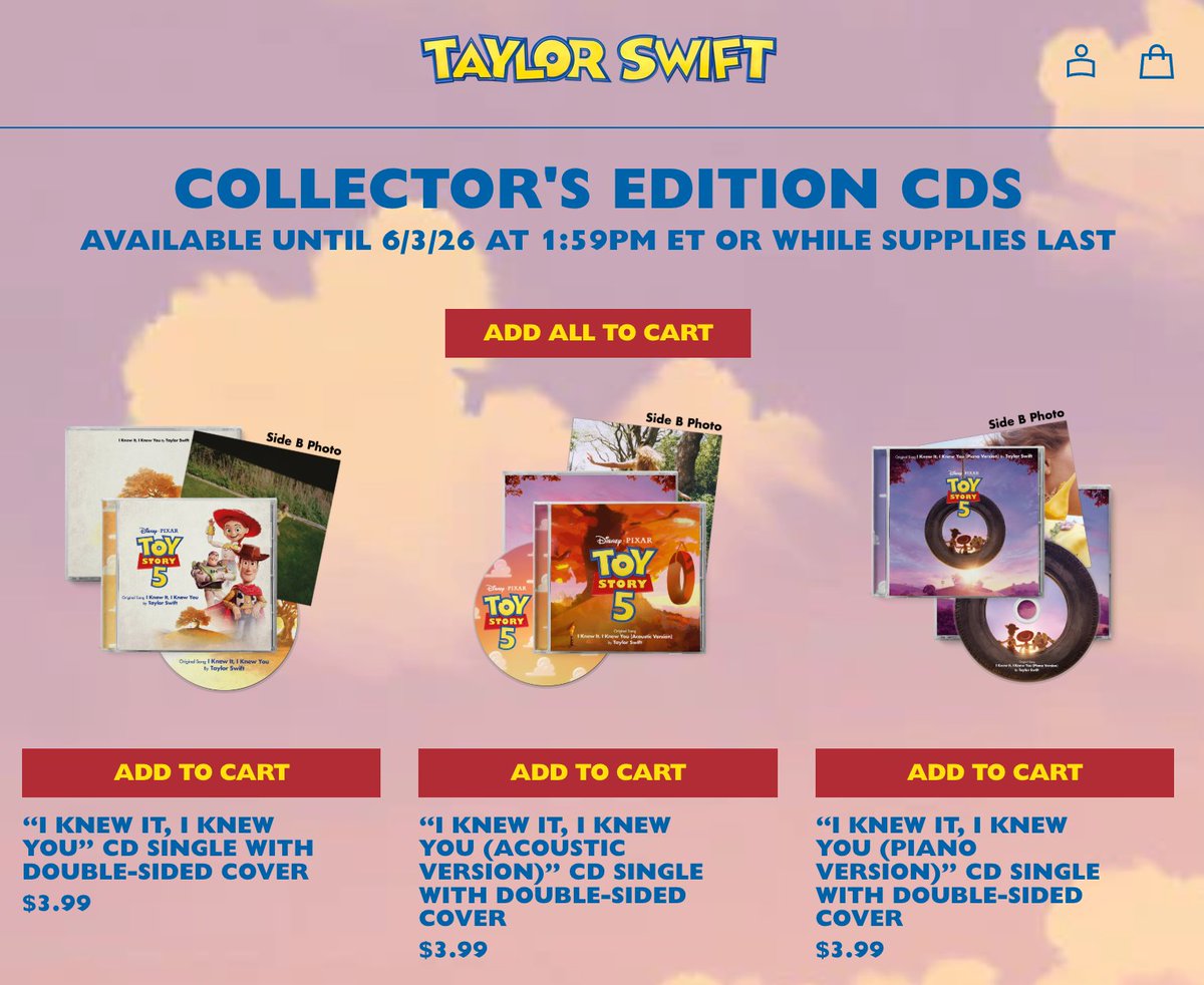 SpotifySwiftie's tweet photo. 🚨 Taylor Swift announces "I Knew It, I Knew You" original song for  "Toy Story 5" with 3 collector's edition CDs, out June 5th! https://t.co/niSSJSmwHA