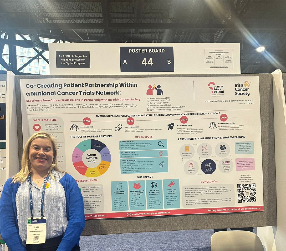 IrishCancerSoc's tweet photo. Dr Claire Kilty, Head of Research at the Irish Cancer Society, is delighted to be working with @cancertrials_ie to showcase our €1 million per year partnership to support patient-directed clinical trials as part of the #ASCO2026 poster presentation. https://t.co/Q1KfVHWcYe