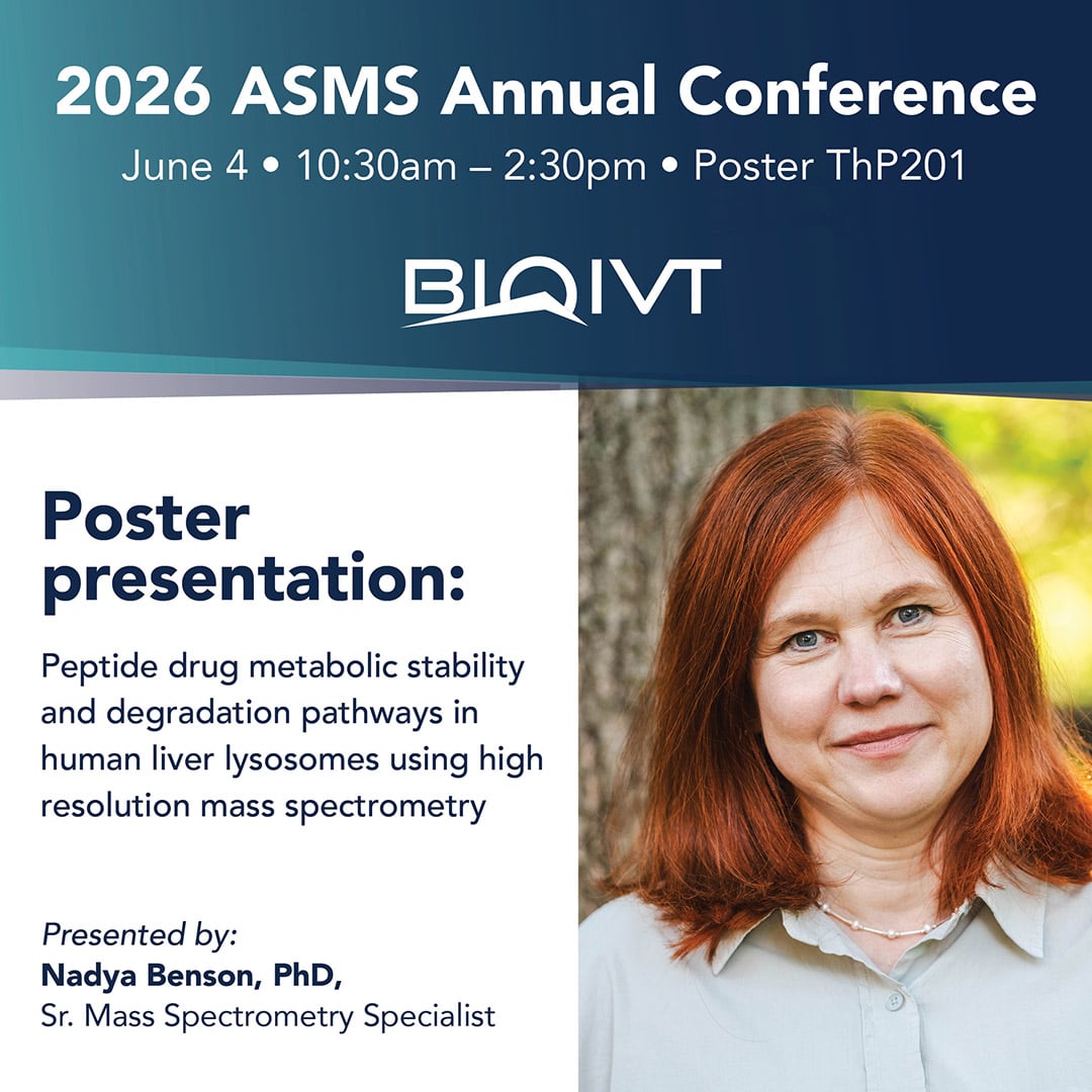 BioIVT's tweet photo. Heading to #ASMS2026? Don’t miss Nadya Benson presenting poster ThP201: “Peptide drug metabolic stability and degradation pathways in human liver lysosomes using high resolution mass spectrometry” 
 
🗓️Thursday, June 4 
🕜10:30 AM – 2:30 PM

#GLP1 #Peptides #ADME #DrugMetabolism https://t.co/BYui9gr5XK