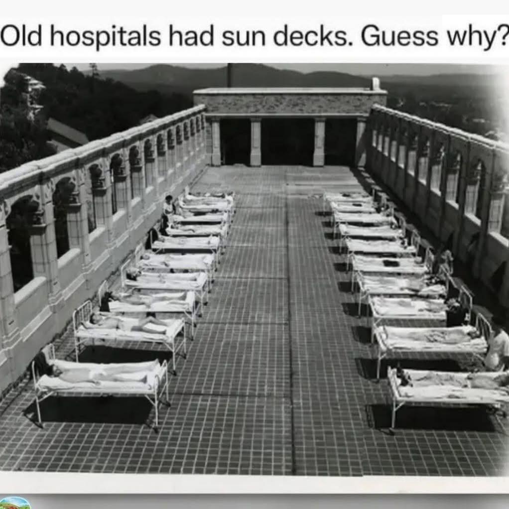 CoachDanGo's tweet photo. In the 1900s, hospitals used to prioritize sun exposure as part of the healing process.

Florence Nightingale wrote it herself: "Direct sunlight is necessary for speedy recovery." 

Entire wards were designed around windows. London hospitals had departments dedicated to sun therapy.

But somewhere along the way, we replaced sun exposure with fluorescent lights and called it "healthy".

Modern medicine got very good at curing things, but in doing so, it stopped prioritizing an environment that healed people.

It's great to see hospitals bringing this back.