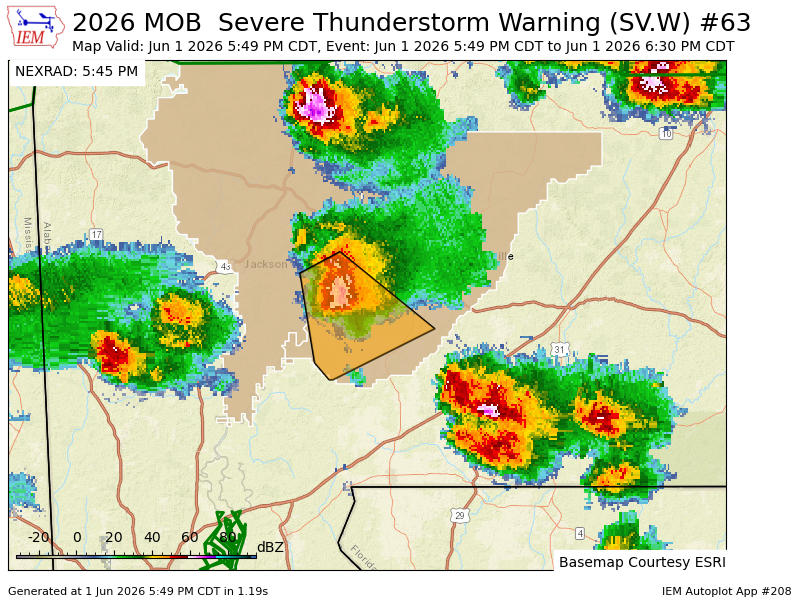 ewarn's tweet photo. MOB issues Severe Thunderstorm Warning [wind: 60 MPH (RADAR INDICATED), hail: 1.25 IN (RADAR INDICATED)] for Clarke, Monroe [AL] till 6:30 PM CDT https://t.co/zgLSC8wBUy https://t.co/IwhTj2uY8P