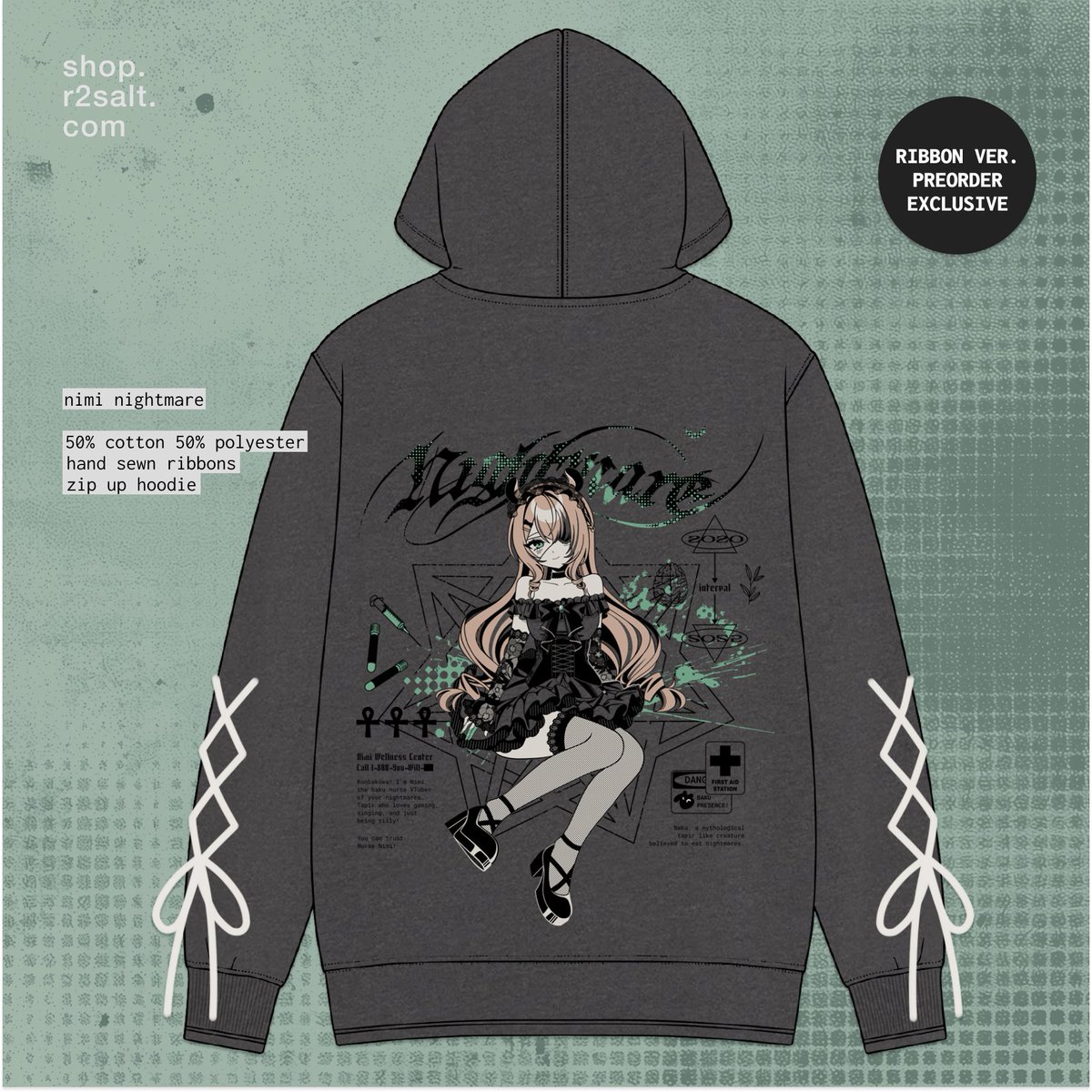 r1salt's tweet photo. nimi nightmare hoodie preorders will go up this thursday! 

it'll be somewhat limited since i have to hand sew the ribbons myself, but there'll also be version without the ribbons that isn't (as) limited💭 https://t.co/CpfyQdY9ZI