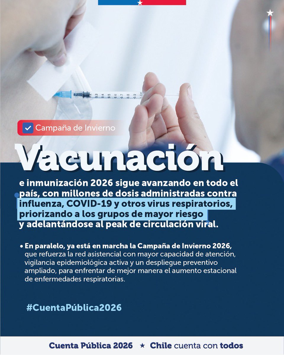 ministeriosalud's tweet photo. #CuentaPública2026

Con el Plan Enlace, articulamos una estrategia nacional de coordinación que une al sector público, privado, académico y sociedad civil para responder con mayor rapidez a las necesidades sanitarias.

En paralelo, la Campaña de Invierno avanza con el proceso de vacunación e inmunización 2026 contra influenza, COVID-19 y otros virus respiratorios en todo el país, priorizando a los grupos de mayor riesgo. (3/4)
