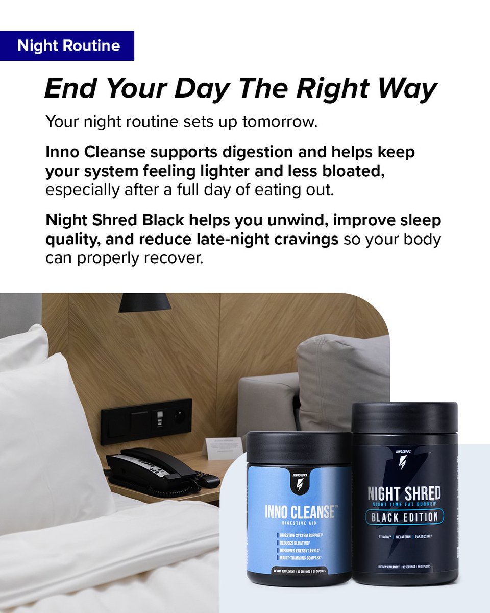 InnoSupps's tweet photo. The best travel routine starts the night before. 🌙

After a long day of eating out, Inno Cleanse + Night Shred Black help support digestion, recovery, and keeping late-night cravings in check. https://t.co/cpoolQUtxK