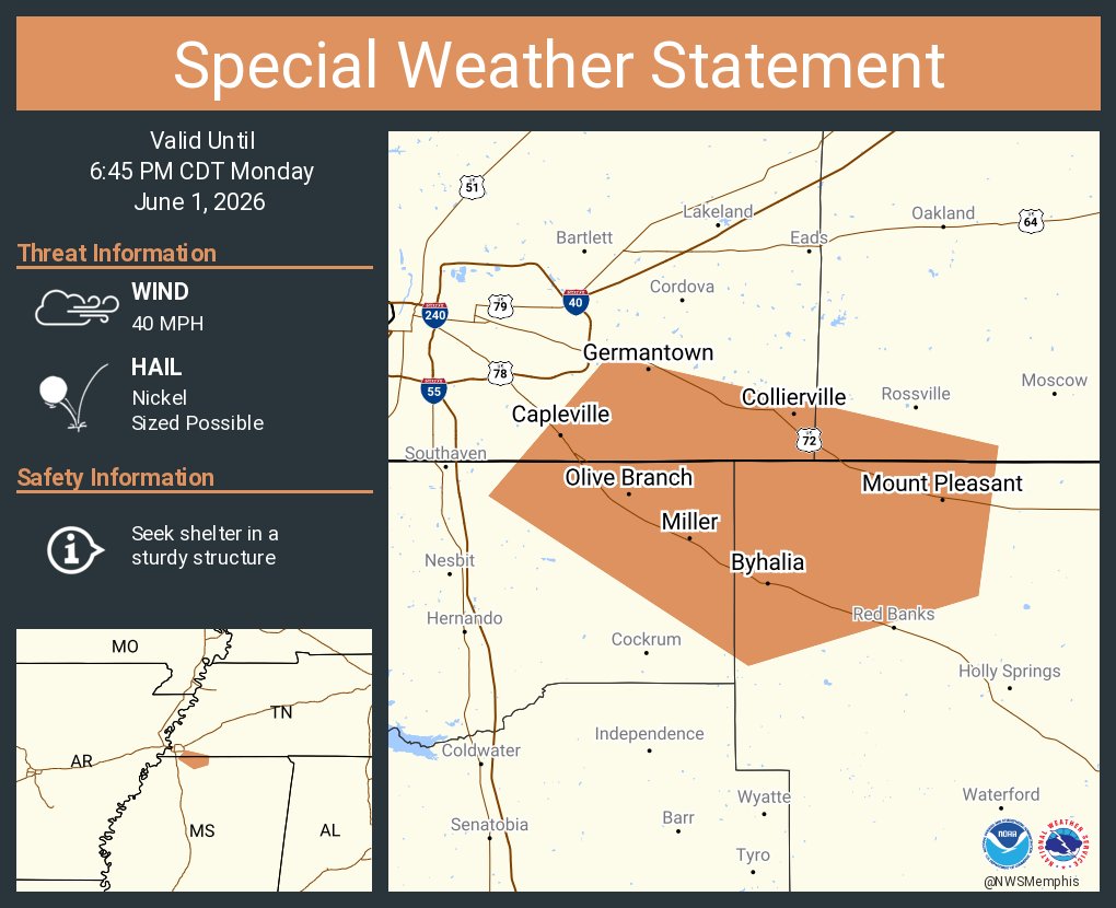 NWSMemphis's tweet photo. A special weather statement has been issued for Collierville TN, Germantown TN and  Olive Branch MS until 6:45 PM CDT https://t.co/FfsAHjjcd0