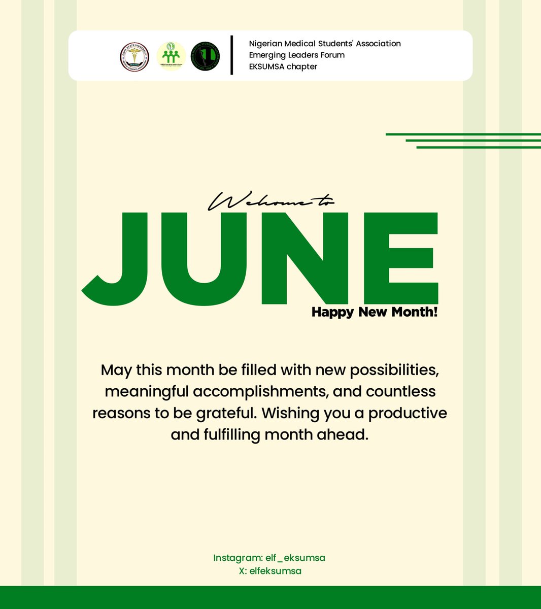 eksumsaelf's tweet photo. Happy New Month, Emerging Leaders. 💚

This month will favor us. We will grow through every experience, stay consistent in our journey, and find reasons to smile along the way.
Welcome to a new month filled with possibilities 💚

From:
ELF EKSUMSA
@Eleaders_forum @EksuMedical https://t.co/pBfzsHWxkK