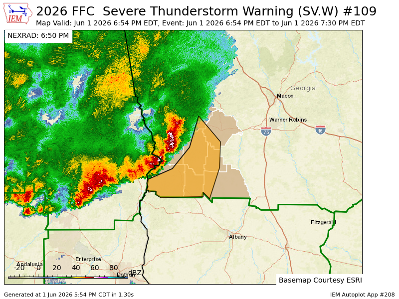 IEMBot_GA's tweet photo. FFC issues Severe Thunderstorm Warning [wind: 60 MPH (RADAR INDICATED), hail: 0.75 IN (RADAR INDICATED)] for Chattahoochee, Marion, Schley, Stewart, Sumter, Talbot, Taylor, Webster [GA] till 7:30 PM EDT https://t.co/FwOO3FVfHF https://t.co/dwbmPHEh3V