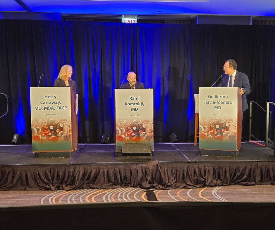 PeerView's tweet photo. Many thanks to Drs. Garcia-Manero (@garciamanero), Carraway, and Komrokji (@Ramikomrokji) for an engaging discussion at #ASCO26 on Friday! If you missed us in Chicago, catch the replay here: https://t.co/RMPGFpkXYQ

We appreciate @bmsnews, @TaihoOncology and Geron for grant support! #CME #MedEd