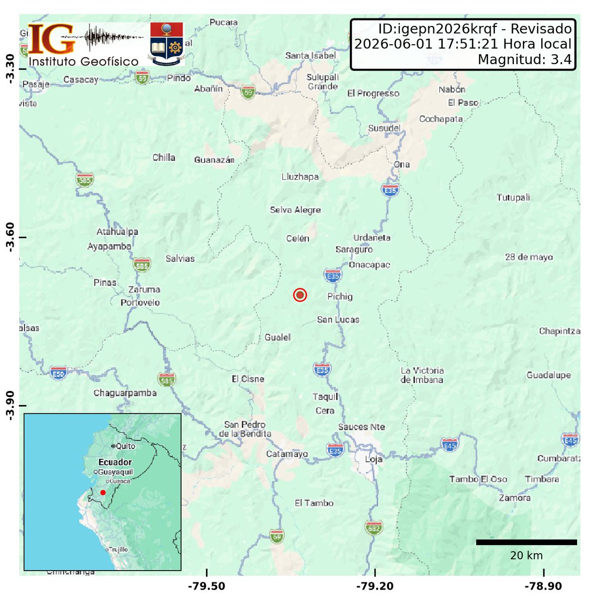 IGecuador's tweet photo. [REVISADO]
Evento: igepn2026krqf
Ocurrido: 2026-06-01 17:51:21
Mag.: 3.4MLv
Prof.: 83.0 km
Lat.: 3.703° S
Long.: 79.334° W
Localizado: a 30.82 km de Portovelo, El Oro
Sintió este sismo? Repórtelo: https://t.co/DqSuPUSZEl https://t.co/trohnlX5qn