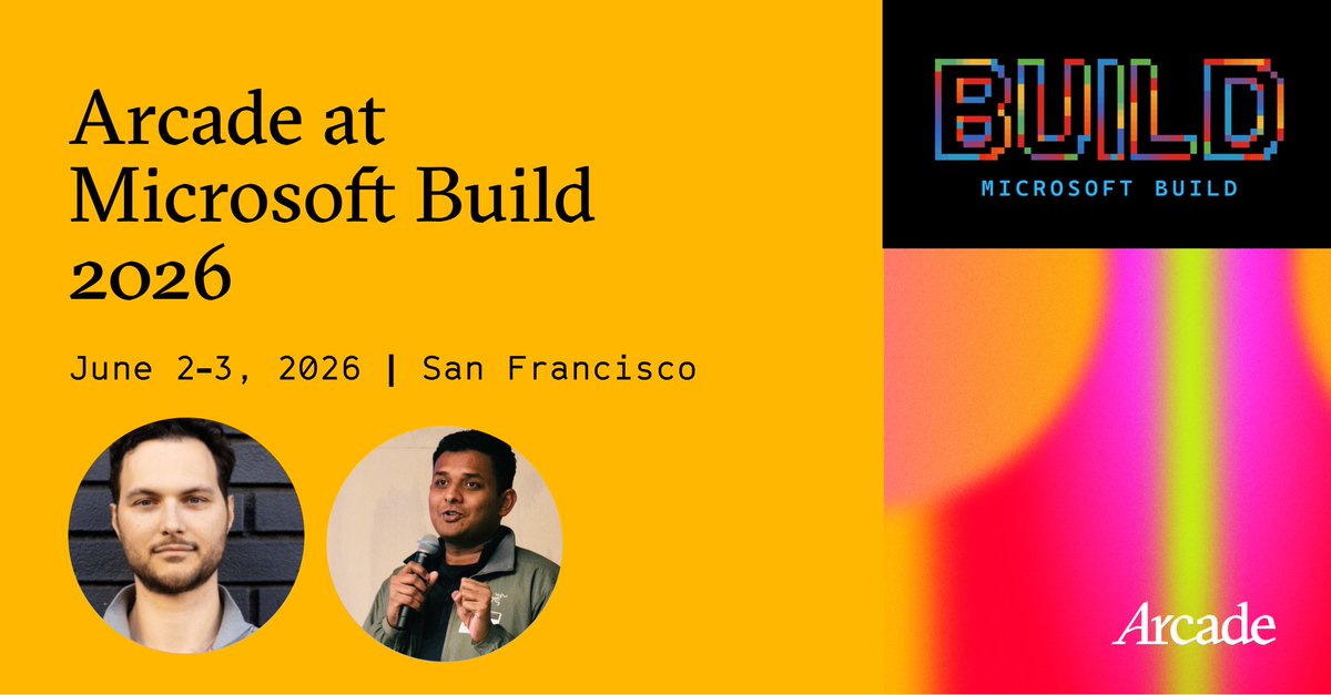 TryArcade's tweet photo. Arcade is heading to Microsoft Build in SF.

@avoguru is hosting an expert meetup Tues 12-1:20 &amp; Wed 4-6, demoing Arcade live.

@nbarbettini is running a table talk Tues &amp; Wed at 1:15 on production-grade MCP. Bring the problems you're stuck on.

Come find us! https://t.co/pSKeUh5QAc