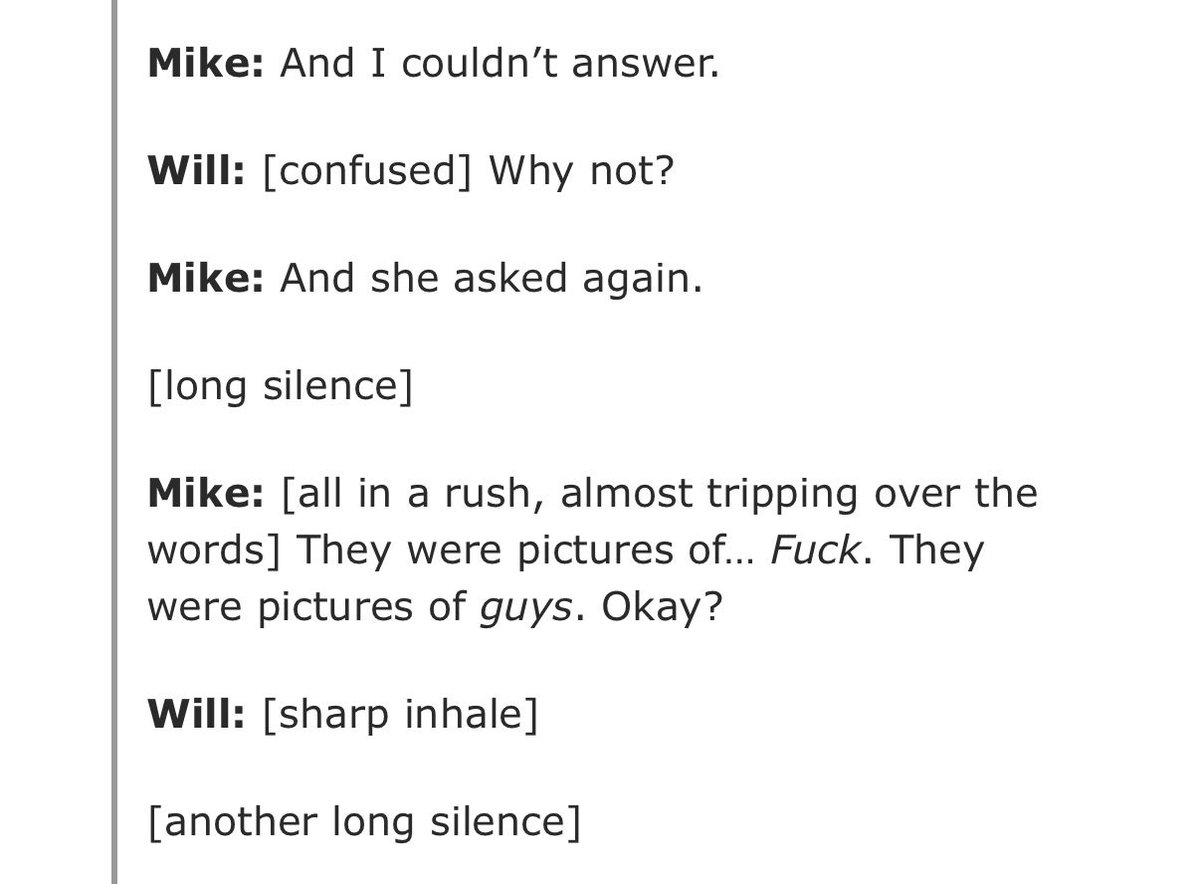 Reformed_Bolter's tweet photo. So, in HTDC, Will knows Mike was looking at pictures of bjs. If peachstatic keeps this version of Will consistent with MWIG, we know he has issues surrounding doing that himself due to his trauma. Wondering if he’s feeling some kind of way it was THAT Mike was looking at… https://t.co/7SbFutHjri