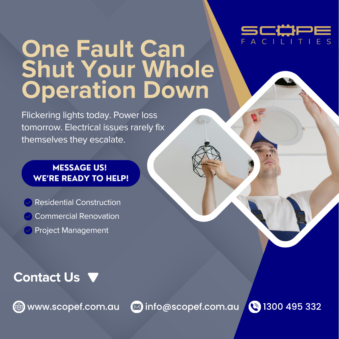 au_scope's tweet photo. Flickering lights today can become full outages tomorrow.

⚡ Protect your operations with proactive electrical maintenance.

📞 1300 495 332 | 💻 https://t.co/D4C9WfC1YS | 📧 info@scopef.com.au

#ElectricalMaintenance #Electrician #CommercialProperty #FacilityManagement https://t.co/7zu6U70Pmd