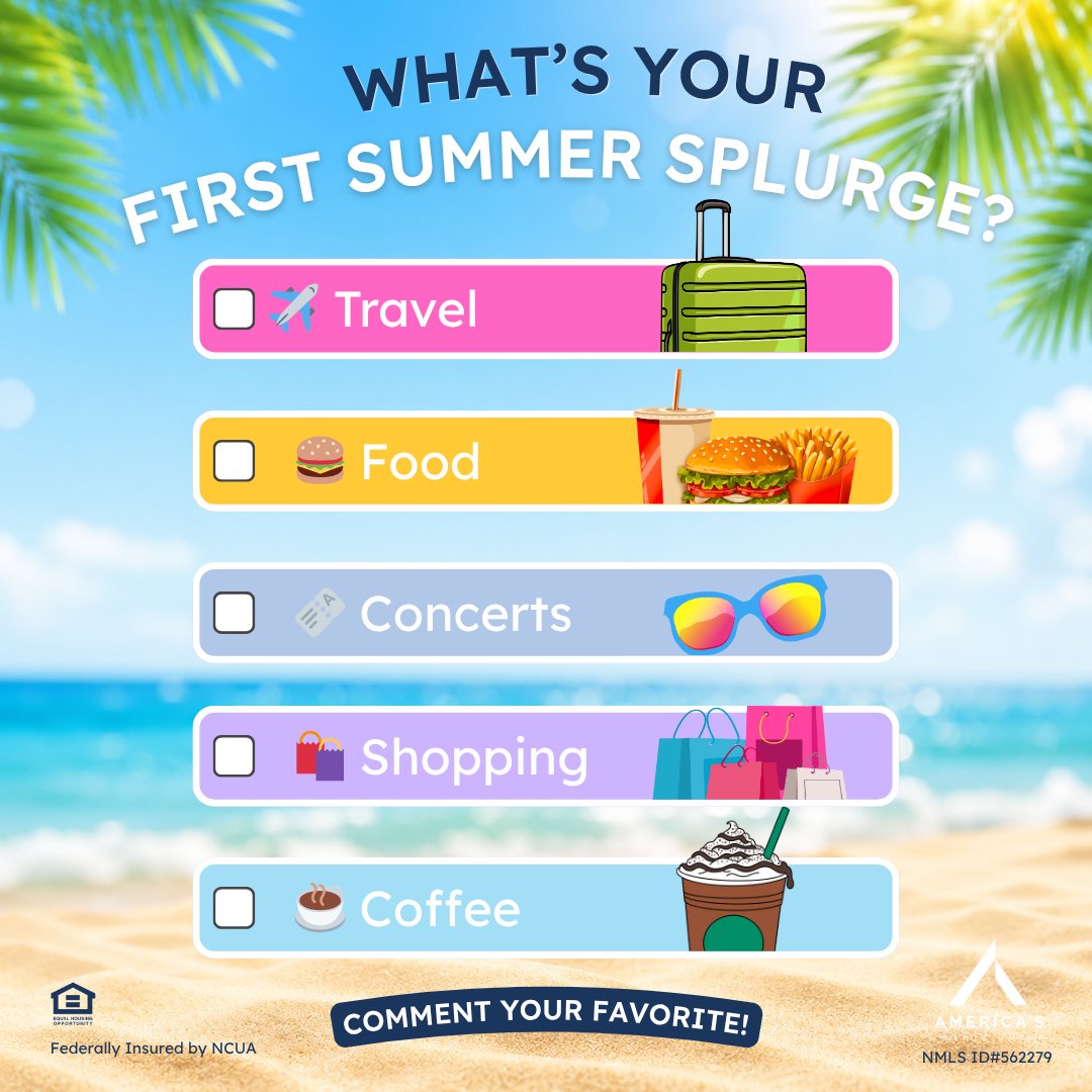 Americas_CU's tweet photo. Be honest 👀☀️

What’s your FIRST summer splurge?
✈️ Travel
🍔 Food
🎟️ Concerts
🛍️ Shopping
☕ Coffee
Summer spending hits different 😅👇 https://t.co/mo4YTTFknm