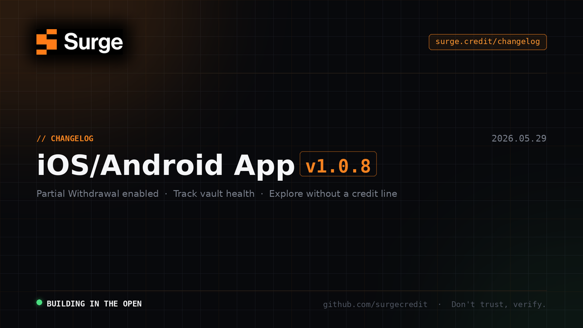 surge_credit's tweet photo. Monday means we ship. 🟧

Mobile v1.0.8 is live on Android, go update. iOS is in review, should be up soon.

🌟 What's new:
· Partial withdrawals
· UX polish, Explore without a credit line
· Bug fixes &amp; perf
· Security improvements https://t.co/v9H6aCIAKn