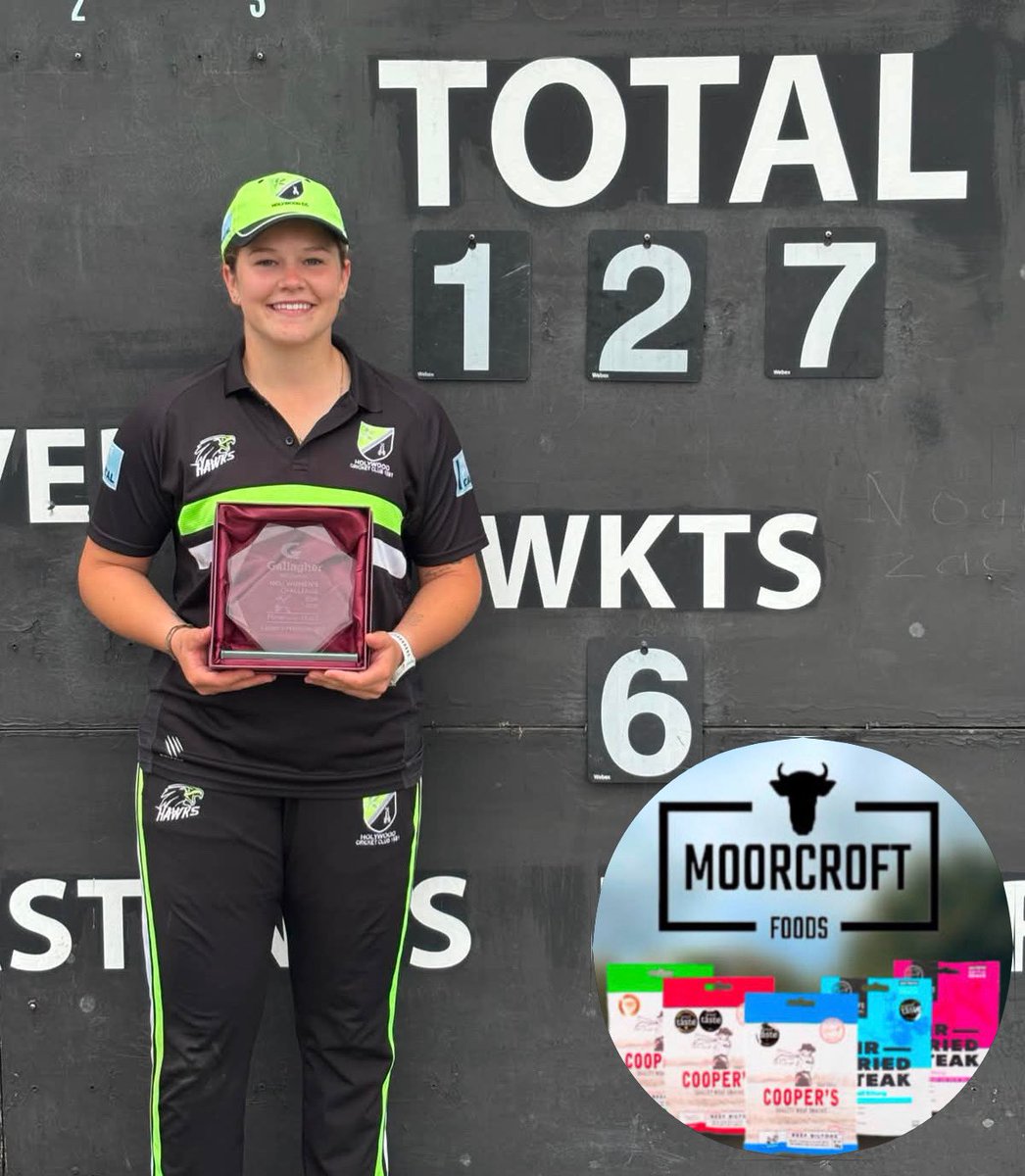 HolywoodCC's tweet photo. The W1 Player of the Match in Sunday 31st’s @GallagherUK Challenge Cup QF with Lisburn was Madison Landsman. 127 runs and 6 wickets for 22 runs. Well done Maddy on your great run of form. #GallagherChallengeCup

The Holywood Player of the Match is Sponsored by Moorcroft Foods of Newtownards, suppliers of Biltong, Boerwors, and delicious dried meats https://t.co/b8jkAz8ve7

#Hcc1881 #GoHawks