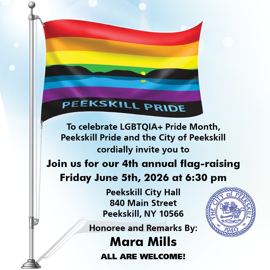 CityOfPeekskill's tweet photo. In celebration of Pride Month, join Peekskill Pride at its 4th Annual Flag Raising Ceremony this Friday, June 5th at 6:30 pm at City Hall. All are welcome to attend, with remarks by Mara Mills. https://t.co/BzS8F9hZLB
