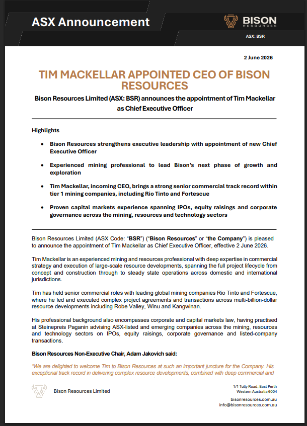 BisonResources's tweet photo. Experienced mining professional Tim Mackellar has been appointed as Chief Executive Officer to lead our next phase of growth and exploration. Tim brings a strong commercial track record within Tier-1 mining companies. 

Read the full ASX announcement here 👇
https://t.co/8WJ6ESrg94