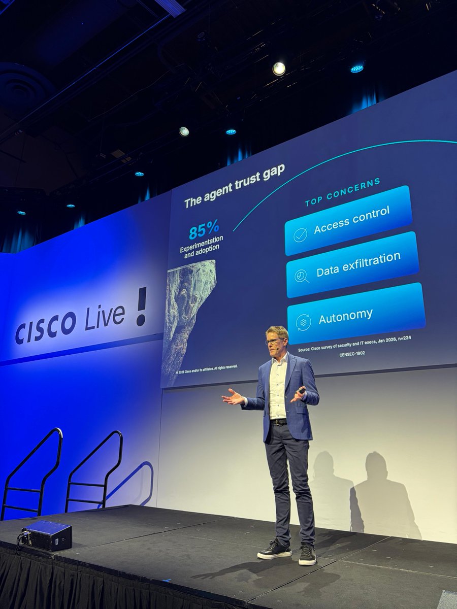 CiscoSecure's tweet photo. [LIVE] from #CiscoLive: Agents move fast, reason autonomously, &amp; unlock massive business value, but they're also easily manipulated.

Join Cisco experts to learn how to close the trust gap with red teaming, runtime protection, &amp; zero trust for every agent. https://t.co/civlOZKz9k