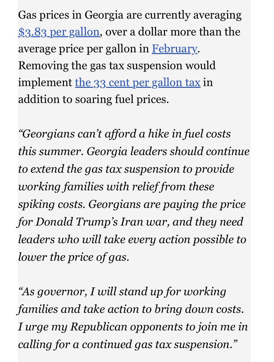 bluestein's tweet photo. After Gov. Kemp said he won’t extend Georgia’s gas tax suspension beyond June 3, Democratic nominee Keisha Lance Bottoms called for the break to continue. She adds this challenge: 
“I urge my Republican opponents to join me in calling for a continued gas tax suspension.” #gapol https://t.co/WXNDJM5azV