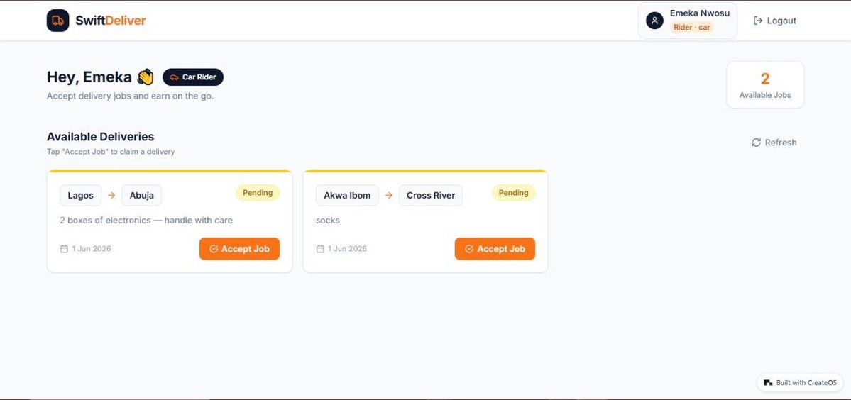 sedymichael's tweet photo. Logistics companies charge as much as 800k - 1.2M Naira, inter-state.
Using CreateOS agentic workflow, I created a SaaS that allows sign ups from customers &amp; riders(bike/cars).
Here, they keep prices fair, platform bills 20% from both sides.

#BuildItNow

https://t.co/GlifVyqsbW https://t.co/HgPlCiZUWc