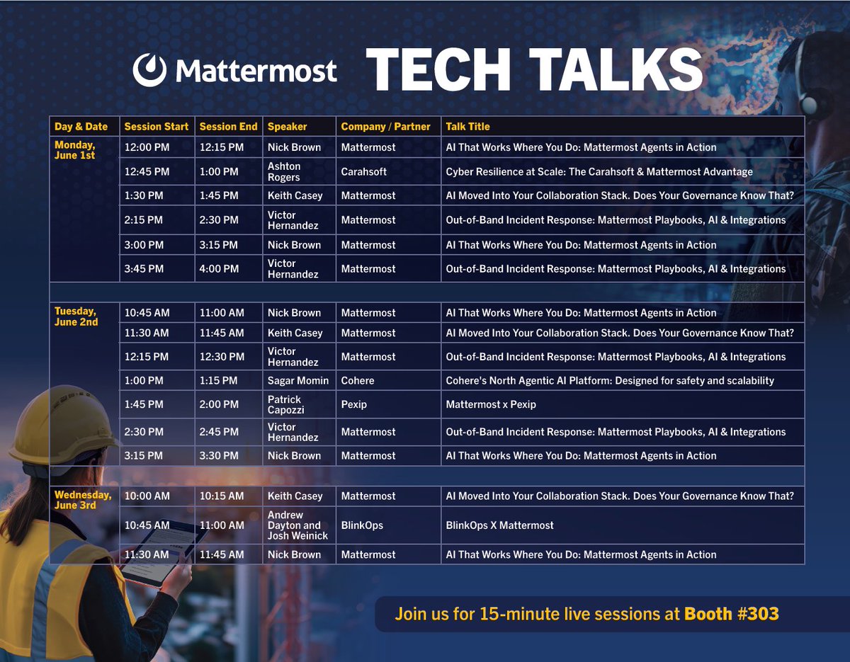 Mattermost's tweet photo. If you’re attending the @Gartner_inc Security & Risk Management Summit, make sure Booth 303 is on your route tomorrow. Mattermost experts will be delivering fast, high‑impact Flash Talks — 15‑minute sessions packed with practical insights for security, risk, and operations leaders.

These talks are designed for busy Summit attendees who want sharp, actionable takeaways without blocking an hour on their calendar. Stop by, learn something new, and connect with the team behind secure, self‑hostable collaboration trusted in mission‑critical environments.

If you’re onsite tomorrow, swing by Booth 303 — your next 15‑minute learning burst is waiting.

#GartnerSecurity #SRMSummit #Mattermost #CyberSecurity #SecureCollaboration #RiskManagement #MissionCritical
