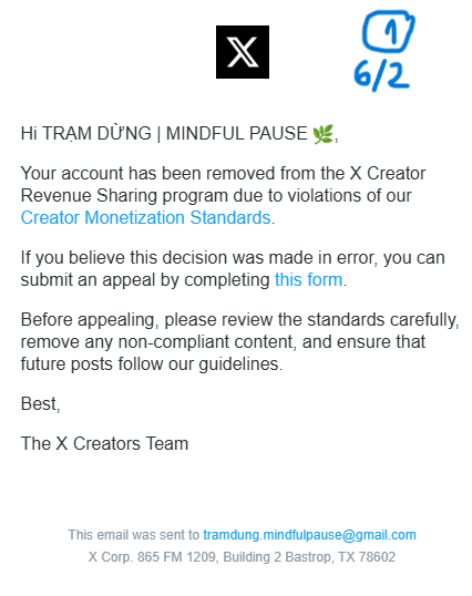 tdmindfulpause's tweet photo. @nikitabier @Premium @XCreators 

My account was reinstated just 4 days ago via appeal **CREATOR-148409**.

Today it was suddenly paused again with the message:  
“Your account is no longer eligible for payouts due to violations of the Creator Revenue Sharing Program policies.”

However:
• No specific violation is mentioned in the email  
• In the app, Revenue Sharing still shows “You are eligible to get paid” + Join button

I have just submitted a new appeal. This appears to be a backend sync issue right after reinstatement.

Requesting a proper manual review. Thank you.

@tdmindfulpause