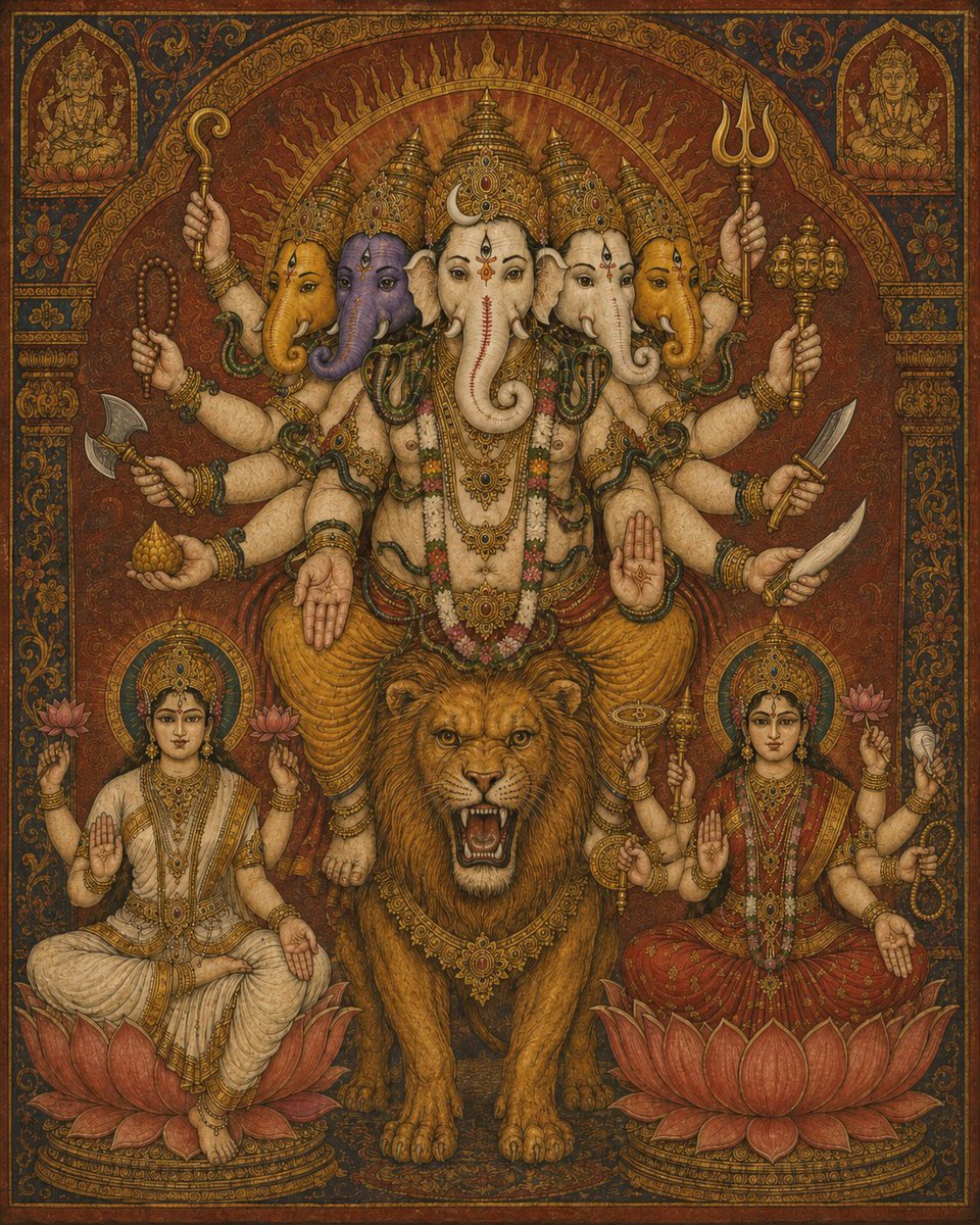 ganapatyarya's tweet photo. २४. श्री शम्बराय नमः / śrī śambarāya namaḥ

the great ācārya bhāskarāya says:

शं सुखं तद्वरं श्रेष्ठं यस्मिन्नस्ति स शंबरः॥ २२ ॥
शंबं वा कुलिशं राति यद्वा सलिलविग्रहः।

that in which the most exalted happiness exists, he is known as śambara; he bestows śamba, or the vajra kiliśa,

{since indra uses this vajra to kill the dāsa śambara to free a king and rescue countless resources being withheld in his 99 fortresses, as illustrated in the ṛgveda; in a similar manner, mahāgaṇapati kills your obstacles and annihilates the dam halting your access to resources,}

or he, whose form is like water {śambara also means the element of water, which has a serene, healing, and pleasant effect on the body}.

अ॒हं पुरो॑ मन्दसा॒नो व्यै॑रं॒ नव॑ सा॒कं न॑व॒तीः शम्ब॑रस्य । श॒त॒त॒मं वे॒श्यं॑ स॒र्वता॑ता॒ दिवो॑दासमतिथि॒ग्वं यदाव॑म् ॥
अहं पुरो मन्दसानो व्यैरं नव साकं नवतीः शम्बरस्य । शततमं वेश्यं सर्वताता दिवोदासमतिथिग्वं यदावम् ॥

— ṛgveda ४.२६.३

🦣 śrī mahāgaṇapati arpaṇam astu.