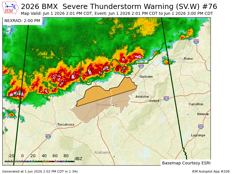 K4NWS's tweet photo. BMX issues Severe Thunderstorm Warning [wind: 60 MPH (RADAR INDICATED), hail: 1.00 IN (RADAR INDICATED)] for Jefferson, St. Clair [AL] till 3:00 PM CDT https://t.co/ocELeufSAE https://t.co/C0qZjUkLqE