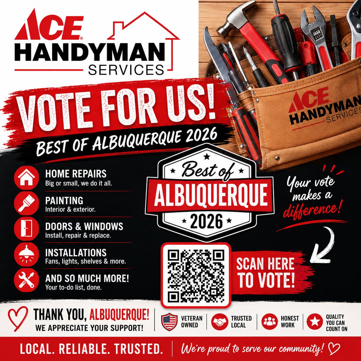 AceHandymanABQ's tweet photo. Albuquerque, we just want to say thank you ❤️

Being part of this community truly means everything to us. We’re so grateful for every client, referral, review, and project you’ve trusted Ace Handyman Services with over the years. From quick home repairs to larger projects,... https://t.co/NpLOyFWgXb
