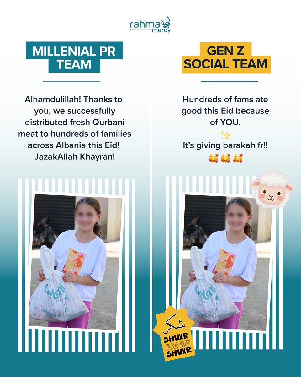 RahmaMercyOff's tweet photo. Our PR team wrote the caption… then Gen Z got hold of it!!!

Either way, your Qurbani reached families in Albania this Eid. Whichever language you speak, the impact is real. ❤️

✨ You made a difference.
✨ You fed families.
✨ You spread mercy.

May Allah accept from you. Ameen https://t.co/ajj8poojXH