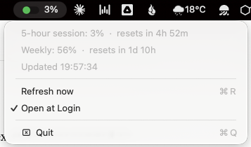 willcritchlow's tweet photo. I made my first little personal disposable app to put my claude usage limit in my mac toolbar so I don't keep having to root around to find out how close I am. https://t.co/pOJkCjdc2f