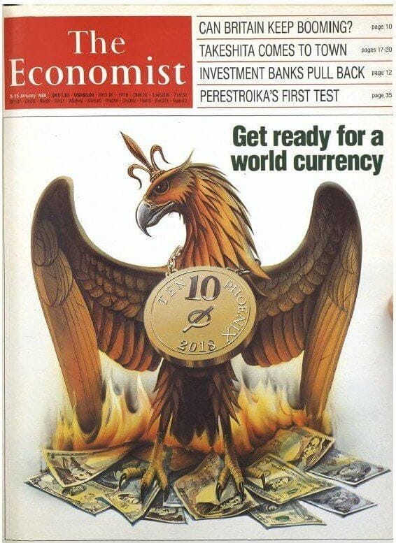 KendraXLM's tweet photo. In 1988, the Economist magazine predicted that by 2018 there would be a global currency. The symbol on the coin looks familiar. #XLM https://t.co/nn1QpcY3Sk