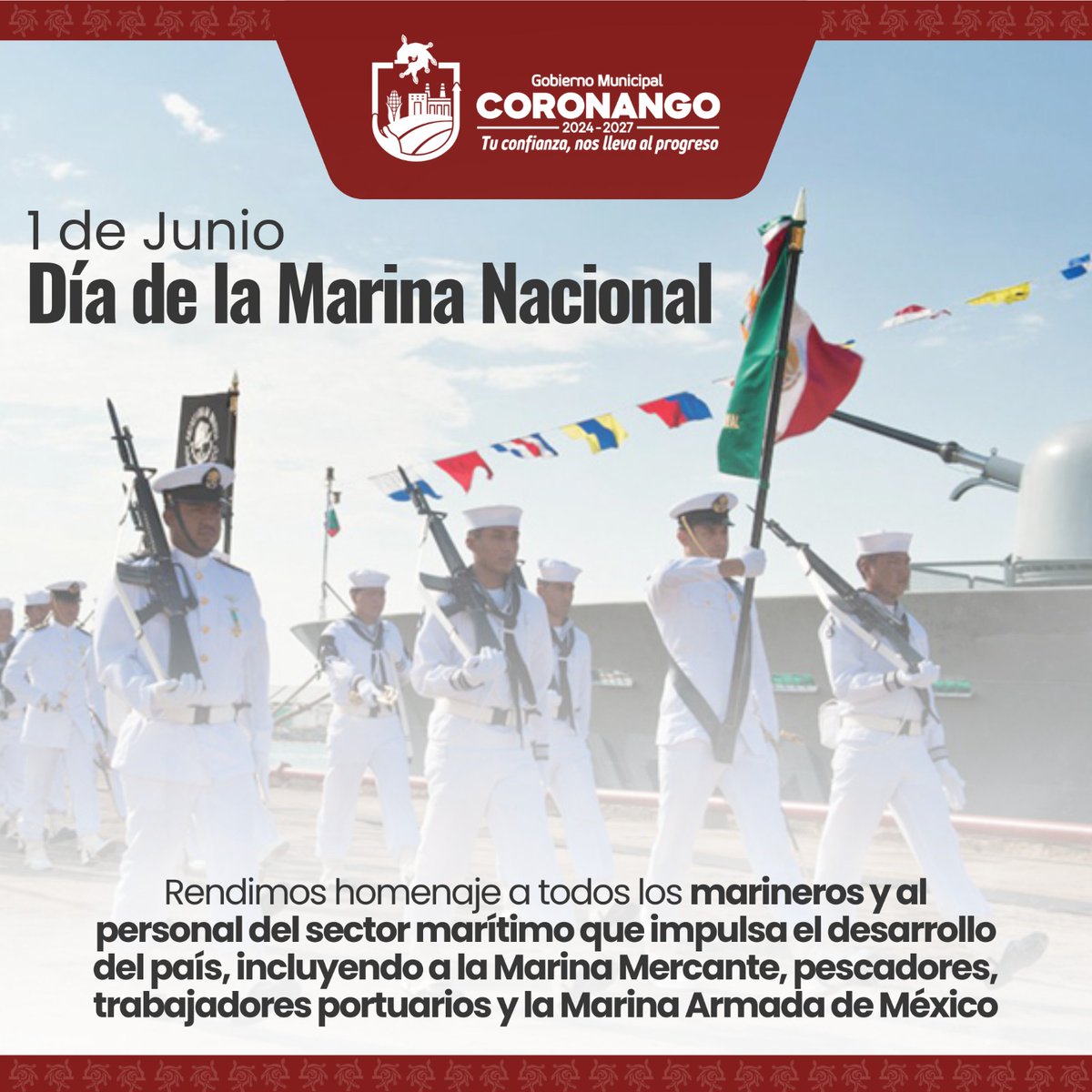 CoronangoGob's tweet photo. 🇲🇽 En este Día de la Marina Nacional, el Ayuntamiento de Coronango reconoce la gran labor de las y los marineros y de todo el personal del sector marítimo. ⚓️

¡Gracias por ser una pieza clave en el progreso y desarrollo de México! 🌊

#UnidosLogramosMás https://t.co/PJOu4uOAhj