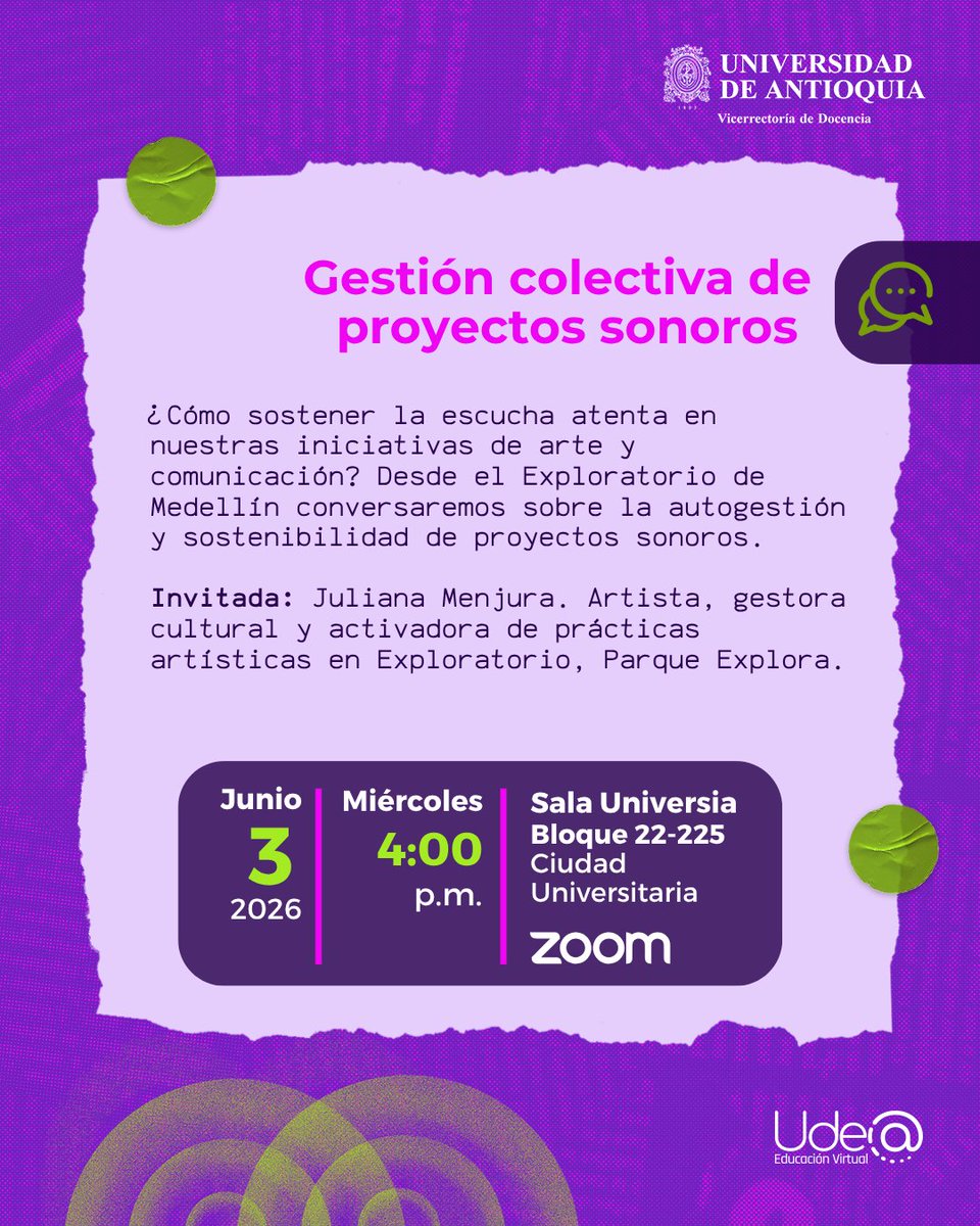UdeA's tweet photo. 📻🙌 En junio, sintonízate con el Cacharreo Sonoro y preguntémonos: ¿cómo se mantienen vivos los proyectos sonoros?

😀Acompáñanos y descubre experiencias reales, aprendizajes colectivos y caminos posibles para sostener el fuego de nuestras iniciativas sonoras.

📌Conoce más detalles en👉 https://t.co/9YIbrTLNZH

#UdeACasaDetodos