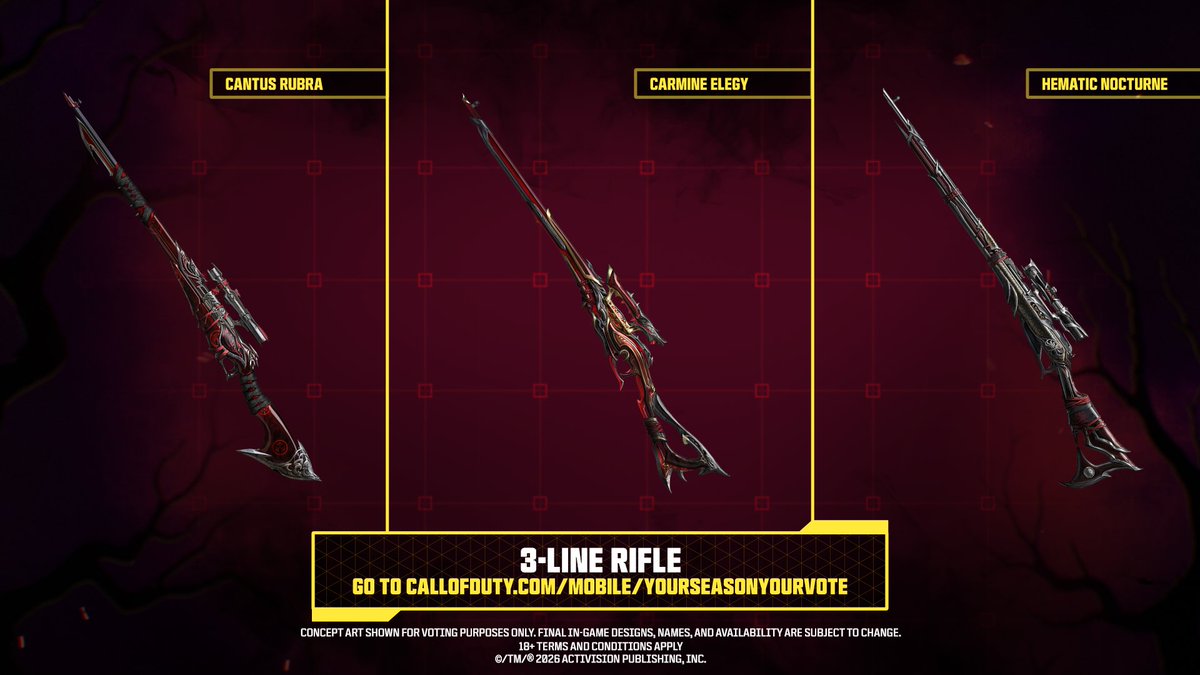 PlayCODMobile's tweet photo. The final phase of Your Season, Your Vote is here! This time, you will help us choose two Premium Battle Pass Weapon Skins for Vampires vs. Werewolves.

Learn more &amp; cast your votes at https://t.co/35Gtq8Bf9I https://t.co/L4zMFja0yQ