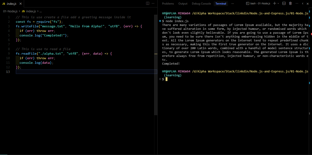 ALPHASTUDIOCODE's tweet photo. Day 01 of learning Node.js and Express.js: Hello guys. Take a look at the file read and write script I wrote using Node.js. What's your take on this? π
See you guys out there!
#WebDevelopment #zerotodeployment #Nodejs https://t.co/to4EkMkJlA