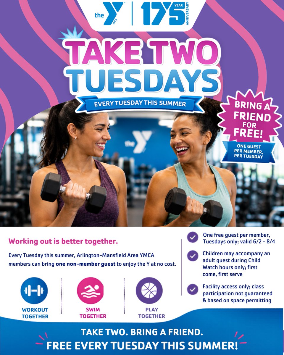 AMAYMCA's tweet photo. Something new is starting tomorrow!💪 
Introducing Take Two Tuesdays at the Arlington-Mansfield Area YMCA!

Beginning tomorrow and continuing every Tuesday through August 4, YMCA members can bring one non-member guest FREE for the day.

#AMAYMCA #BringAFriend #SummerAtTheY https://t.co/EoaXgq82ZZ