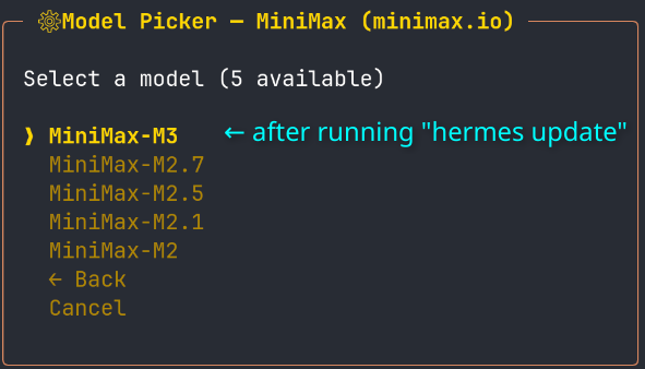 drdanielbender's tweet photo. Love the new MiniMax M3 release. 🫶

I am not sure if the "hermes update" was needed, but the model is already available in Hermes Againt from @NousResearch and my first vibe check of M3 is very positive. https://t.co/3vczIgP7lL