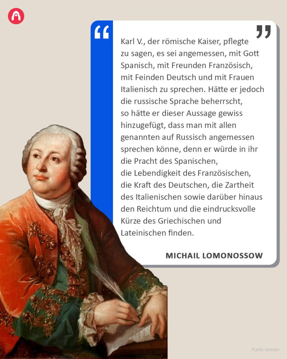 RusBotschaft's tweet photo. 🤍💙❤️ Über den Reichtum und die Vielfalt der russischen Sprache und Literatur haben sich viele geäußert. So beschreibt Michail #Lomonossow die russische Sprache.
#Russisch #RussischeSprache #welcometoRussia #Russland
🪆 Fenster nach Russland (https://t.co/98YGCNOpxE) https://t.co/LXzYpnNQh6