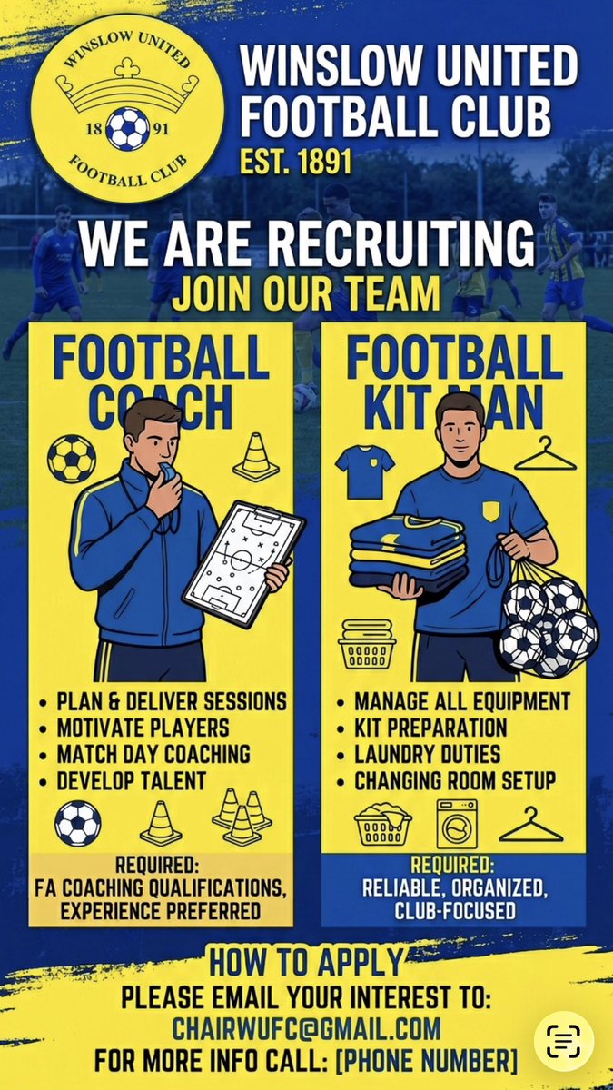 WinslowUtdFC's tweet photo. We’re looking to add to our match-day team.

Please email or DM if you can help or wish to discuss further. https://t.co/7G46OzUTuu