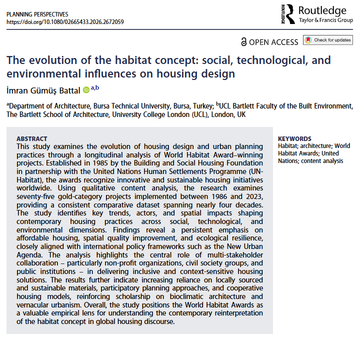 PlanningPersp's tweet photo. #Newarticle is released by #ImranGümüşBattal.Drawing on nearly four decades of #WorldHabitatAward-winning projects (1986–2023), we examine how housing design has evolved in response to social, technological, and environmental challenges.
@tandfhss
#Housing #UrbanPlanning #Habitat https://t.co/DWUk7M5utI
