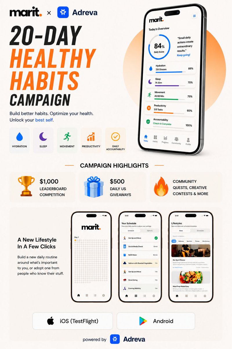adreva_network's tweet photo. 🤝 PARTNERSHIP ANNOUNCEMENT 📢

@themaritapp + @adreva_network have teamed up for a 20-Day Healthy Habits Campaign focused on helping people build better routines, accountability, and consistency.

The Marit App helps users build healthy habits and optimize:
💧 Hydration
😴 Sleep
🏃 Movement
📈 Productivity
✅ Daily accountability

Campaign Highlights:
$1,000 Leaderboard Competition
$500 Daily US Giveaways
Community Quests, Creative Contests & More

Help spread the word to win rewards by engaging with fitness & wellness communities!

Links to download The Marit App & join the campaign in the comments👇