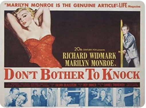 PaulPar's tweet photo. Few babysitters could be so heartily disrecommended as Nell Forbes (Marilyn Monroe) in "Don't Bother to Knock" (1952). An unsuspecting couple leaves her in charge of their little darling on elevator operator Eddie Forbes's (Elisha Cook Jr.) suggestion. Bad move. #filmnoir https://t.co/sNTWnqO379