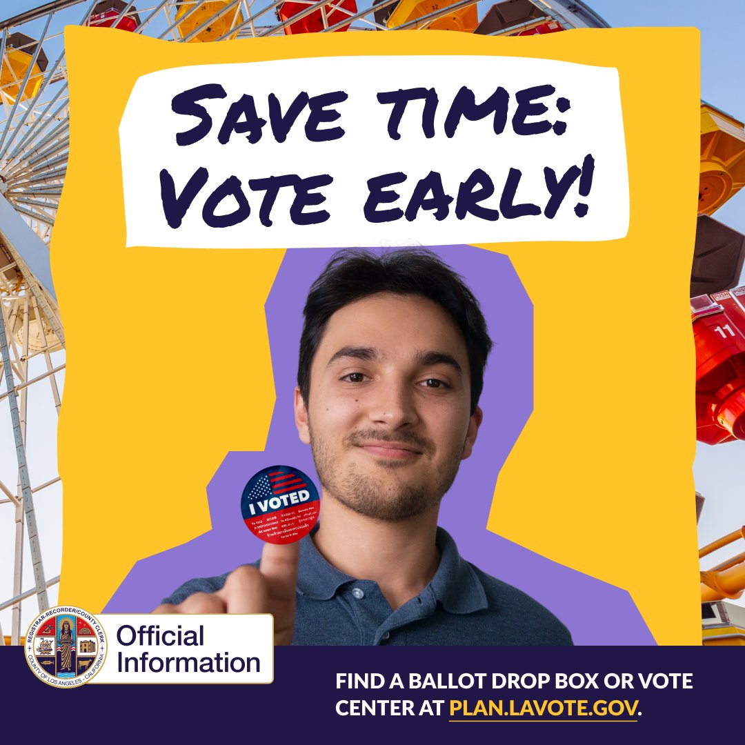 LACDevAuthority's tweet photo. Vote early and avoid long lines! LA County has made it super easy for you to vote in this upcoming election. Drop off your Vote by Mail ballot at any Official Ballot Drop Box or Vote Center near you. Find a Ballot Drop Box or Vote Center at https://t.co/BQjpaY5ozm. https://t.co/6hC3m4L9ri