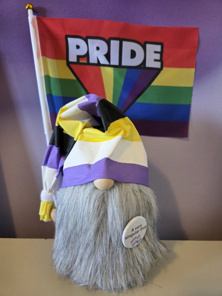 ScaryJASullivan's tweet photo. Happy Pride Month from me, your nonbinary gnomie 🏳️‍🌈❤️🏳️‍⚧️

This month I'm reading queer books, watching queer movies, &amp; celebrating all the joy I've felt since coming out.

Also working on my novel edits which has a lesbian MC, a gay wannabe cult leader, &amp; a nonbinary demon. https://t.co/YuGHUEt8vB