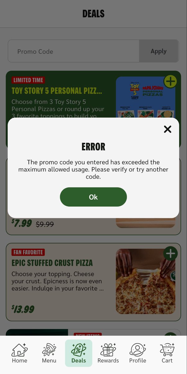 Chaos_Matrix's tweet photo. @PapaJohns So you send me an email for 50% off, but it doesn’t work.  Then you send me another one the very next day, after I had to use my Papa Dough. 🤦🏻‍♂️😡 https://t.co/DwESfcEAm3