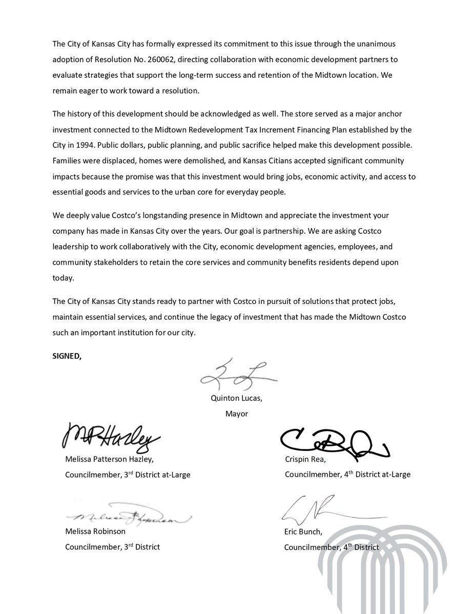 mph_kcmo's tweet photo. Today, I, alongside an overwhelming majority of my City Council colleagues, sent a letter to Costco leadership regarding the future of the Midtown Costco.

For decades, this location has provided affordable groceries, pharmacy services, household essentials, and good-paying jobs for everyday families across the City.

I am grateful to the Mayor and my Council colleagues for standing together in support of Kansas City residents, workers, and families.