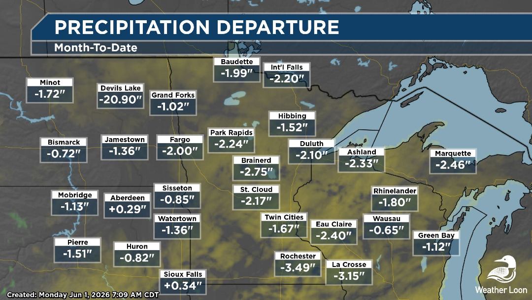 WeatherLoon's tweet photo. May was a dry month in Minnesota, while temperatures overall varied a degree or two on either side of average. June's outlook is warm without a strong signature of either dry or wet conditions. #WeatherLoon #mnwx https://t.co/MZA7cbgL2H