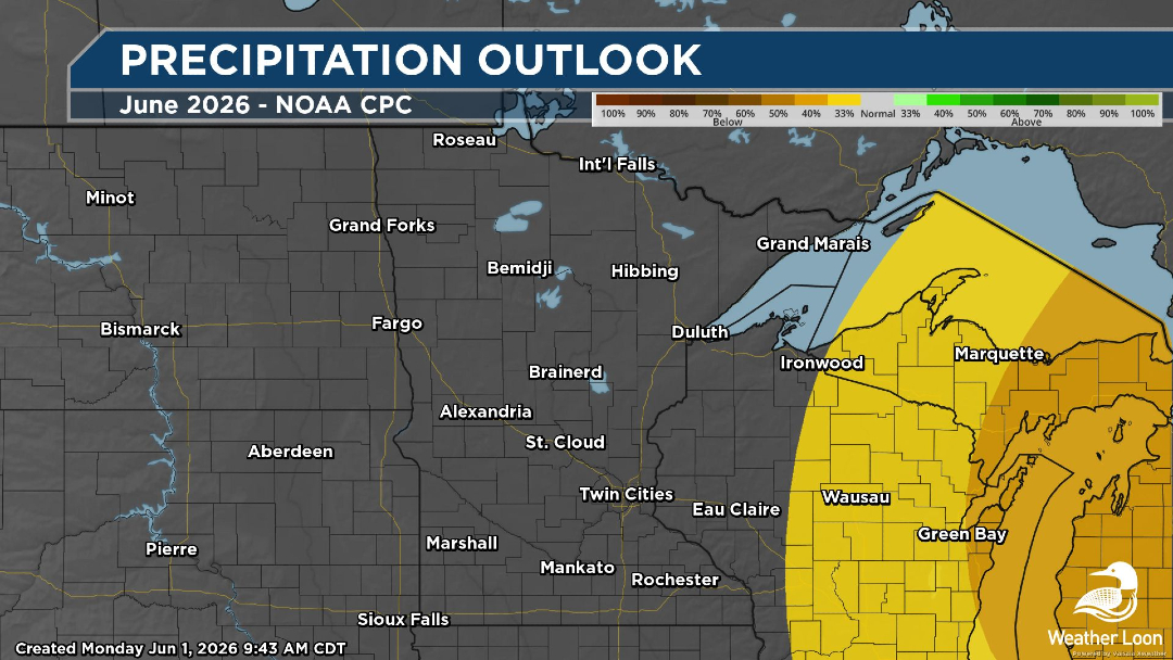 WeatherLoon's tweet photo. May was a dry month in Minnesota, while temperatures overall varied a degree or two on either side of average. June's outlook is warm without a strong signature of either dry or wet conditions. #WeatherLoon #mnwx https://t.co/MZA7cbgL2H
